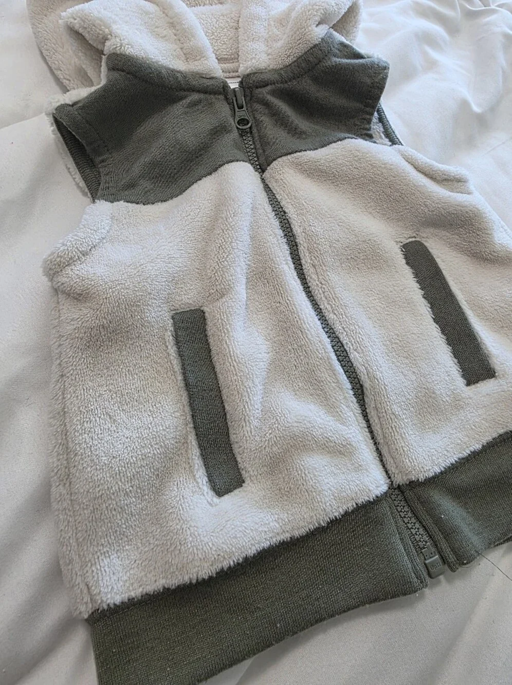 Olive Green and Cream Plush-Lined Baby Boys Fleece Vest
